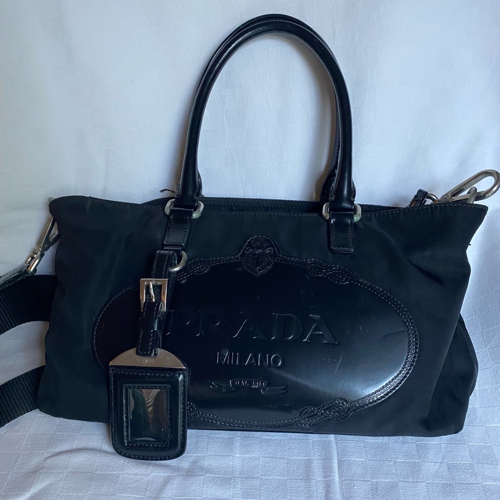 Prada black shoulder bag with large leather embossed name logo